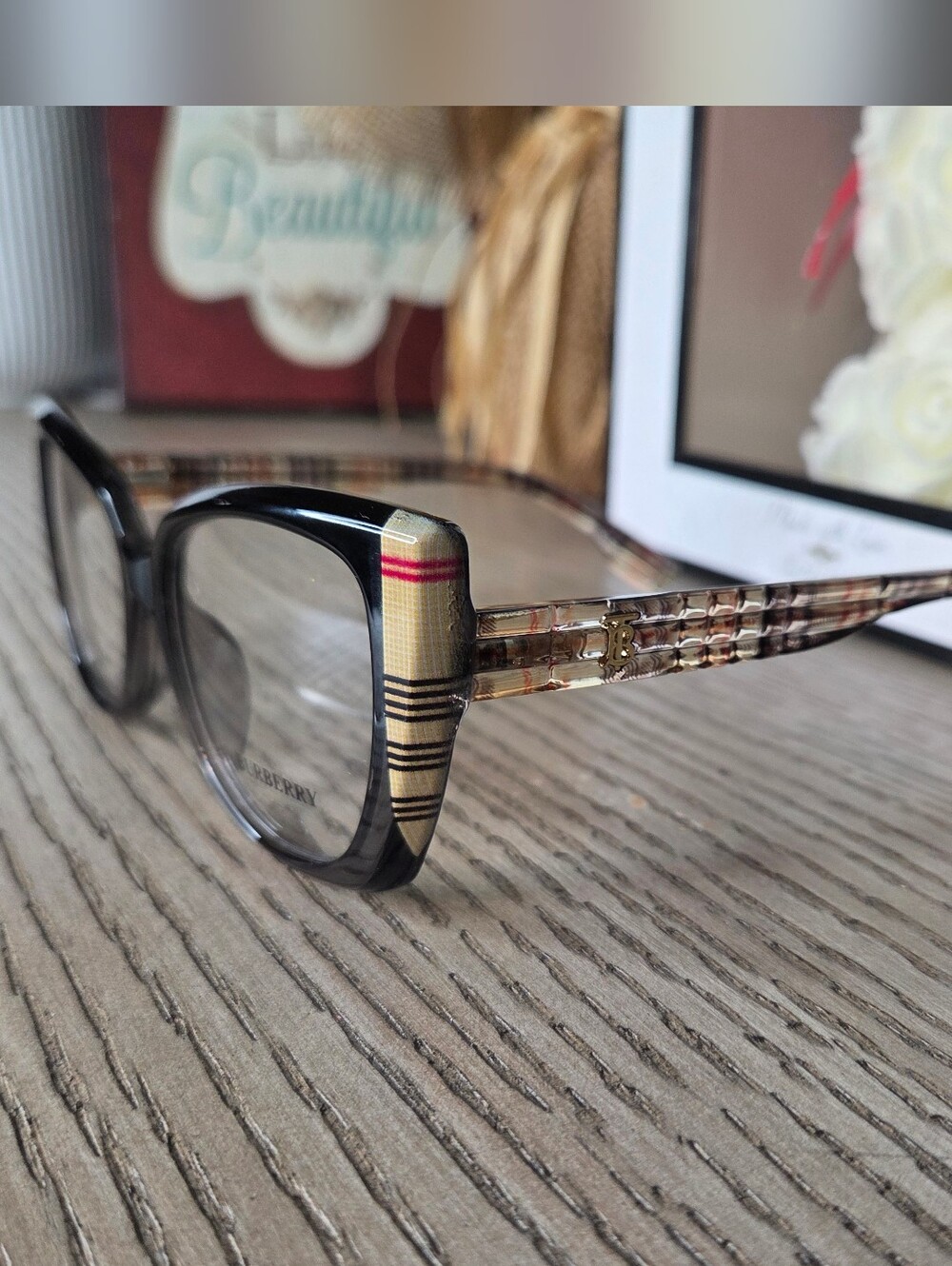 Burberry Plaid Accent Black and Beige Women's Glasses